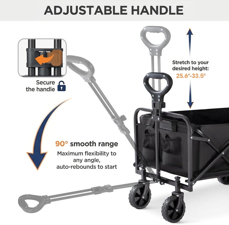 Eworld Collapsible Wagon 220 lbs, Heavy Duty Foldable Utility Wagon with All-Terrain Wheels & Drink Holders for Groceries, Beach, Shopping, Sports & Camping (Black) - Image 3